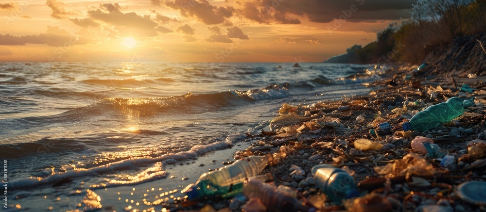 Aufkleber pollution at dusk on a sea shore showing environmental issues with a focus on the ecological impact 