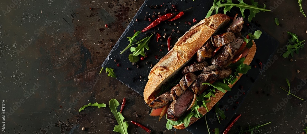 Aufkleber A rustic top view of a fresh appetizing foie gras liver sandwich made with goose or duck served on a table with copy space for an image of food