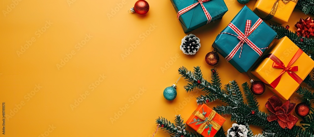 Poster colorful background with gift boxes christmas tree perfect for texts copy space image for mockups gr