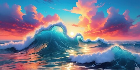 Colorful sky ocean wave background