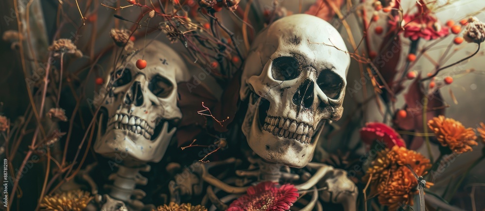 Poster beige backdrop adorned with skeletons and spooky halloween decorations providing a suitable copy spa