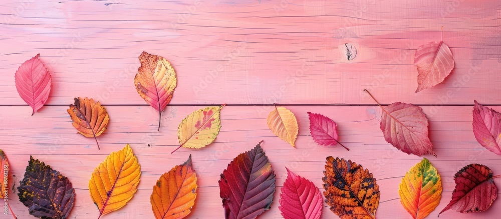 Poster colorful autumn leaves arranged on a pink wooden surface creating an eye catching setting for a copy