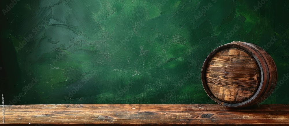 Poster wooden barrel and worn oak table on a green wall background ideal for design with copy space image