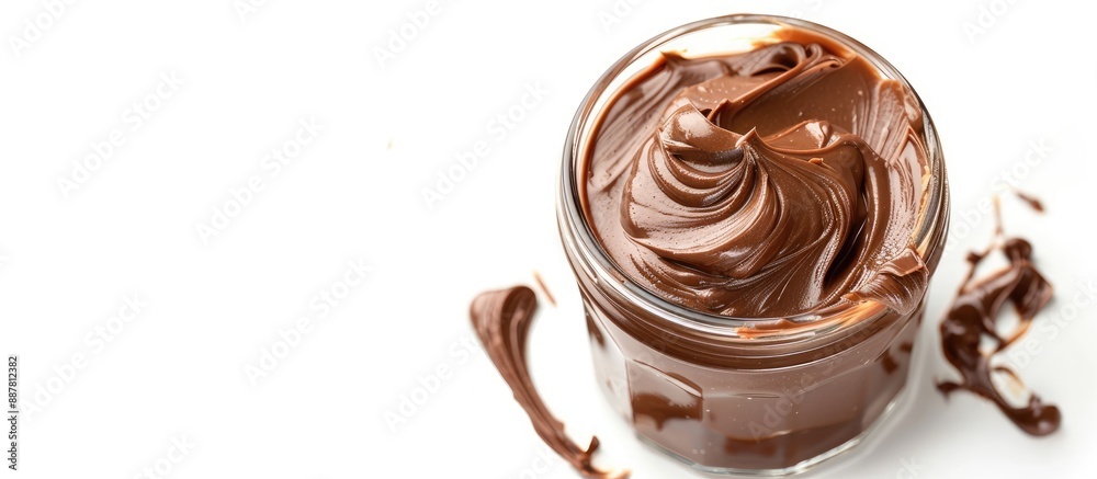 Leinwandbilder Chocolate peanut butter spread in a glass jar isolated on a white background with a blank space for adding text or other elements in the image. with copy space image. Place for adding text or design