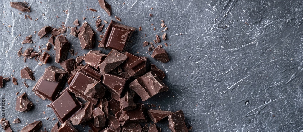 Poster top down view of chocolate chunks on a gray surface with ample copy space image