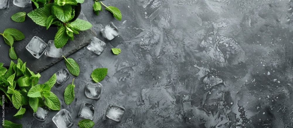Poster top view of a refreshing mint liqueur on a slate tray garnished with ice and mint leaves against a g