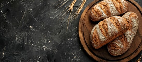 Homemade bread displayed on wooden plate with copy space image on black background
