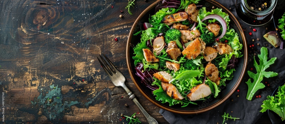 Poster healthy green salad with chicken stomach lettuce onion and dressing on a rustic table with copy spac