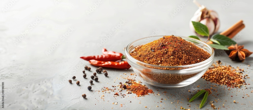 Poster enhance taste with spices in a glass bowl on a light background with copy space image