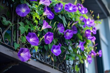 Purple morning glory flowers on a house balcony 