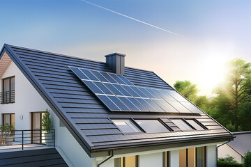 Fototapeta premium Modern Eco-Friendly Home with Solar Panels. Energy efficiency or sustainable living concepts