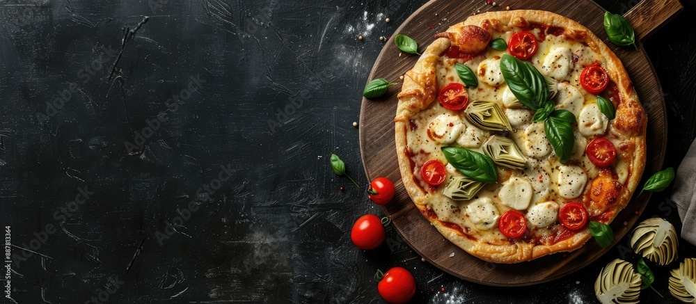 Aufkleber top view of a freshly baked puff pastry tart pizza featuring artichoke mozzarella tomatoes and chees