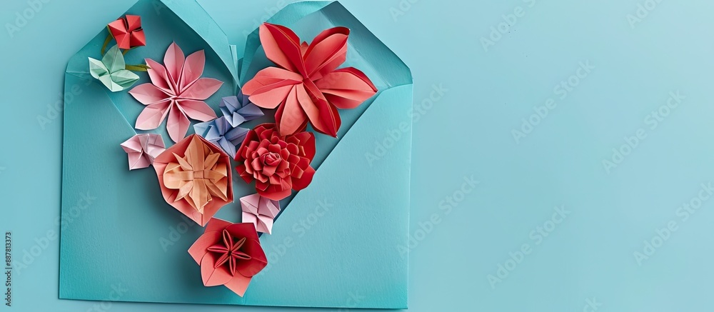Poster Folded paper heart with a bouquet of origami flowers in an envelope creating a charming Valentine s Day scene with copy space image