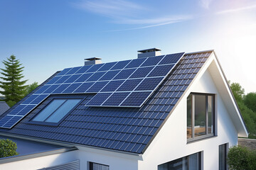 Modern Eco-Friendly Home with Solar Panels. Energy efficiency or sustainable living concepts