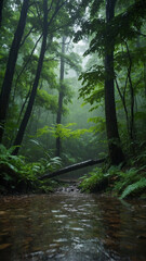 Lush green forest with a stream running through it