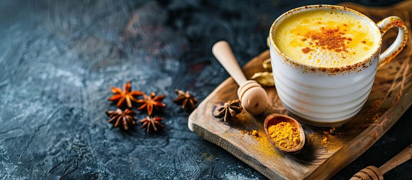 A cup of golden milk with honey and spices on a wooden board Healthy beverage with milk turmeric with copy space image