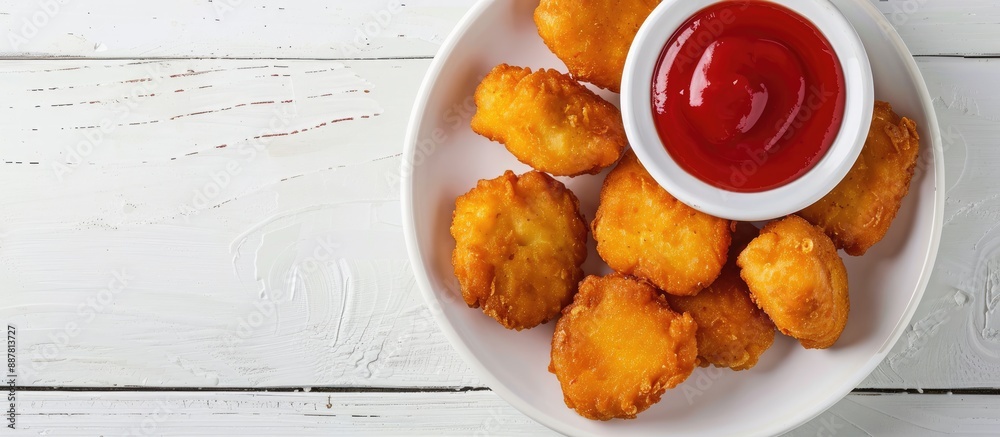 Poster top down image of chicken nuggets with ketchup on a white table including copy space