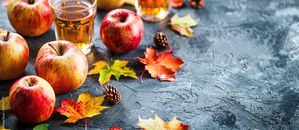 Aufkleber Close up view of mouthwatering cider fresh apples and foliage on a gray surface with ample copy space image