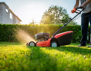 Fototapeta premium Aus der Froschperspektive: Ein Gärtner oder ein Rasenmäher schneidet oder trimmt Gras im Garten an einem sonnigen Sommer- oder Frühlingstag. Hauspflegearbeit oder Hobby, Freizeitaktivität.