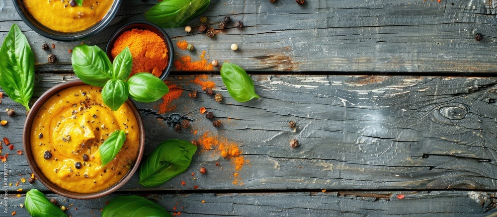 Leinwandbilder Flat lay of delectable curry sauce powder and basil leaves on a rustic grey wooden table with room for text in the copy space image