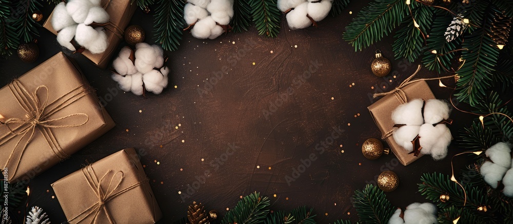 Poster festive new year decorations like cotton flowers and a christmas tree creating a cozy backdrop with 