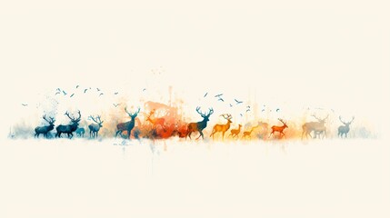 Naklejka premium Watercolor Painting of Deer Silhouettes in a Forest