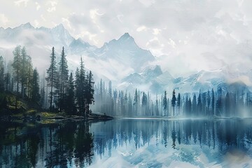 Mountain landscape oil painting on canvas modern Green fir trees on emerald sea lake in mountains oil paint texture on canvas, background art illustration artwork