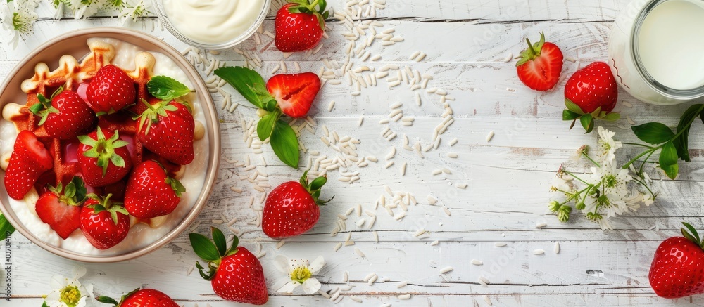 Poster top view of a set breakfast with fresh strawberries on a white wooden backdrop including tasty rice 