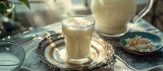 A glass cup featuring a cold organic probiotic milk kefir yogurt alongside a glass of milk or Turkish drink ayran photographed on a table with copy space image