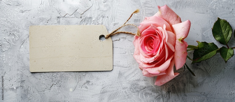 Poster Rose with a tag on a blank backdrop for text as a copy space image