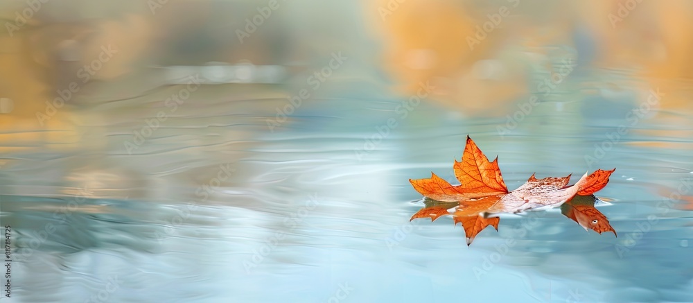 Leinwandbilder Autumn colored maple leaf floating on the water s surface creating a serene image with copy space