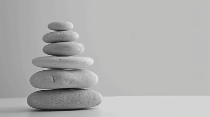 Stack of monochrome stones on a light gray background with text space