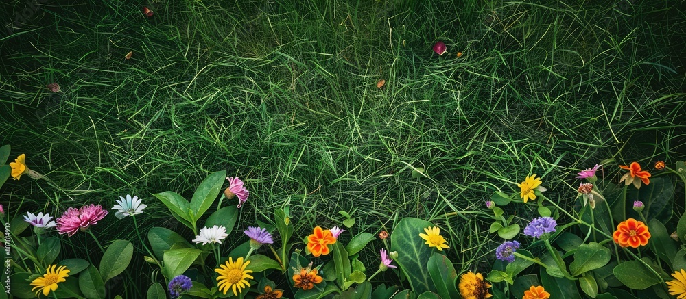Poster Various lovely flowers displayed on lush grass with a flat lay perspective perfect for including text in the copy space image