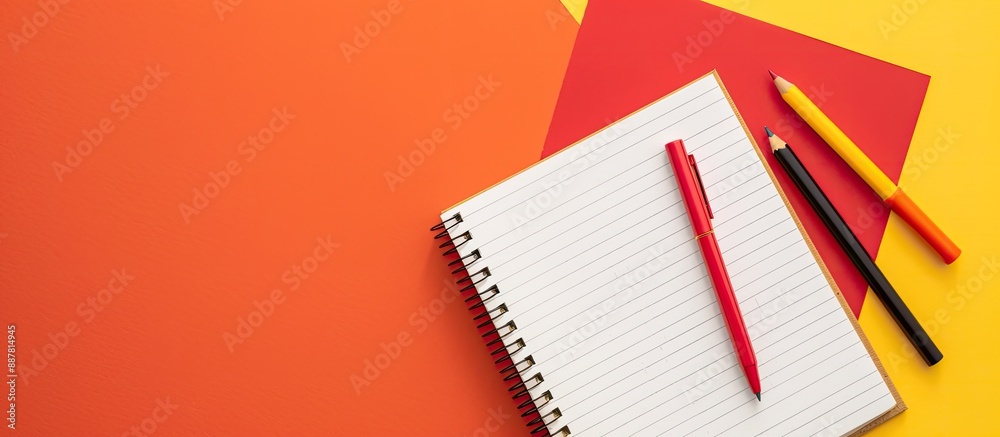 Poster Office supplies seen from above on an orange yellow and red backdrop including a blank notebook Suitable for a copy space image
