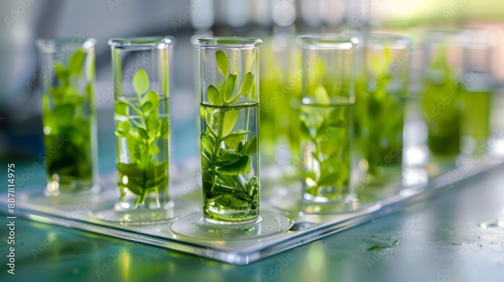 Aufkleber a row of green plants are in glass vases on a table