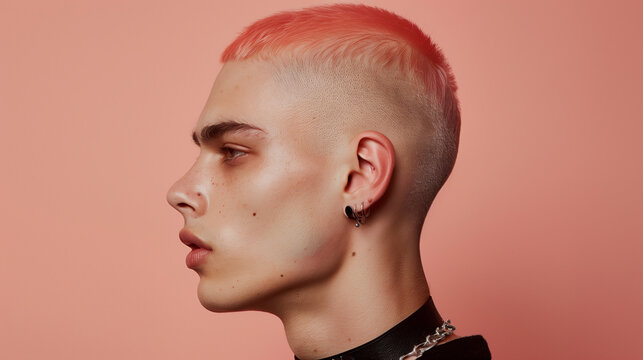 A man with short bleached hair, a choker, and a pastel goth style