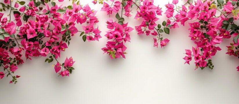 Pink bougainvillea flowers on a blank white backdrop creating a copy space image