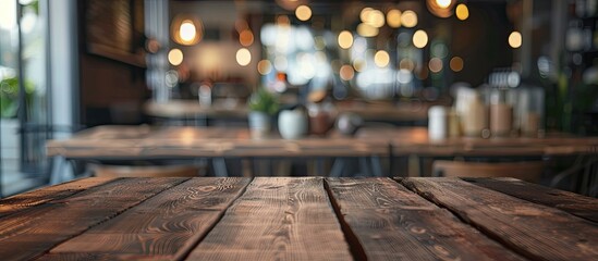 A focused empty brown wooden table with a blurred coffee shop or restaurant background creates a perfect copy space image for your photos or product showcases