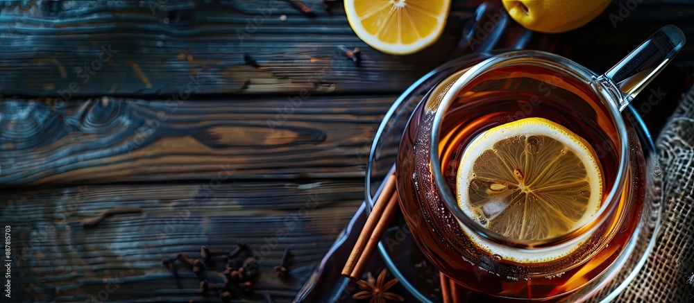 Aufkleber Top down view of a glass teapot containing hot black tea garnished with lemon and cinnamon on a dark wooden surface with copy space image