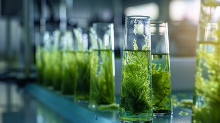 A row of green plant containers sit on a counter