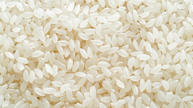 A high-resolution close-up image showing a large pile of raw white rice grains, emphasizing texture and detail.