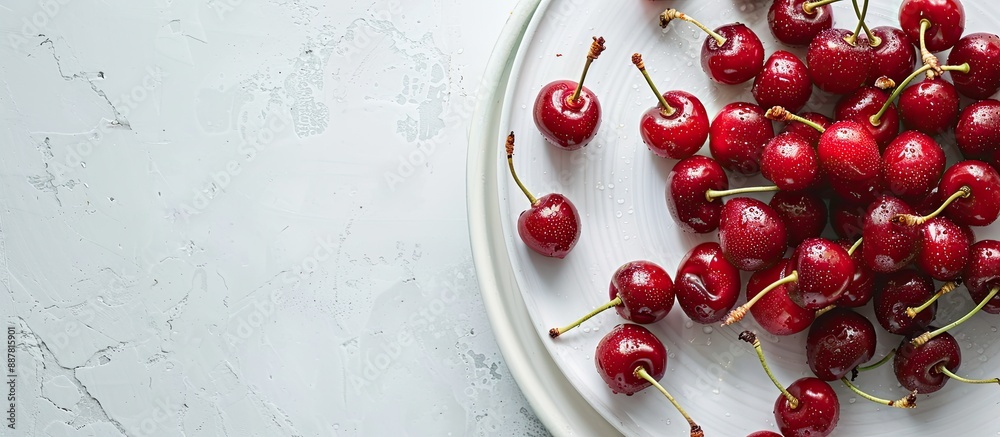 Poster close up horizontal layout of red cherries on a white background in a plate with copy space image