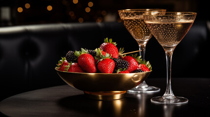 Bowl of fresh strawberries with glasses of champagne