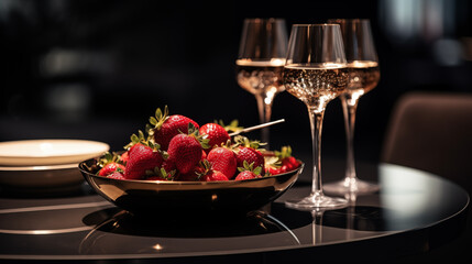 Bowl of fresh strawberries with glasses of champagne