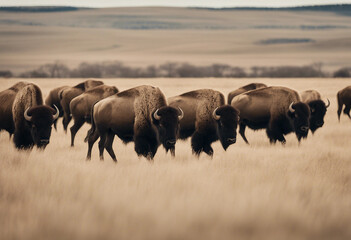 A herd of bison roaming the prairie, midday.
