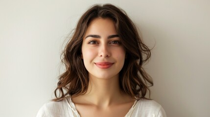 Abstract Portrait of a Successful Middle Eastern Woman in Her 30s with Brown Hair on a Cream Background, Depicting Corporate Success and Professionalism for Themed Articles, Marketing Campaigns, and A