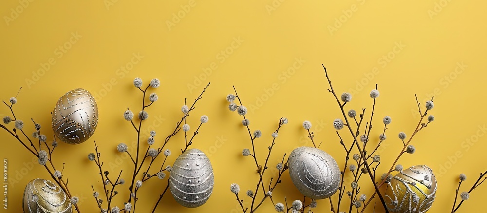Aufkleber the easter holiday card features silver and gold eggs green twigs on a plain yellow background at th