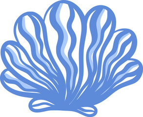 Abstract hand drawn blue seashell. Elegant vintage isolated wavy striped scallop. Coastal summer clipart element. Vector illustration for t-shirt, swimwear, beach bag, poster, cover, label