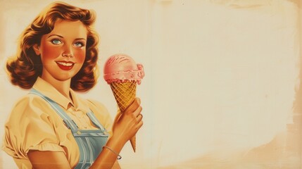 Vintage style poster of a female holding tasty ice cream.