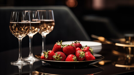 Bowl of fresh strawberries with glasses of champagne